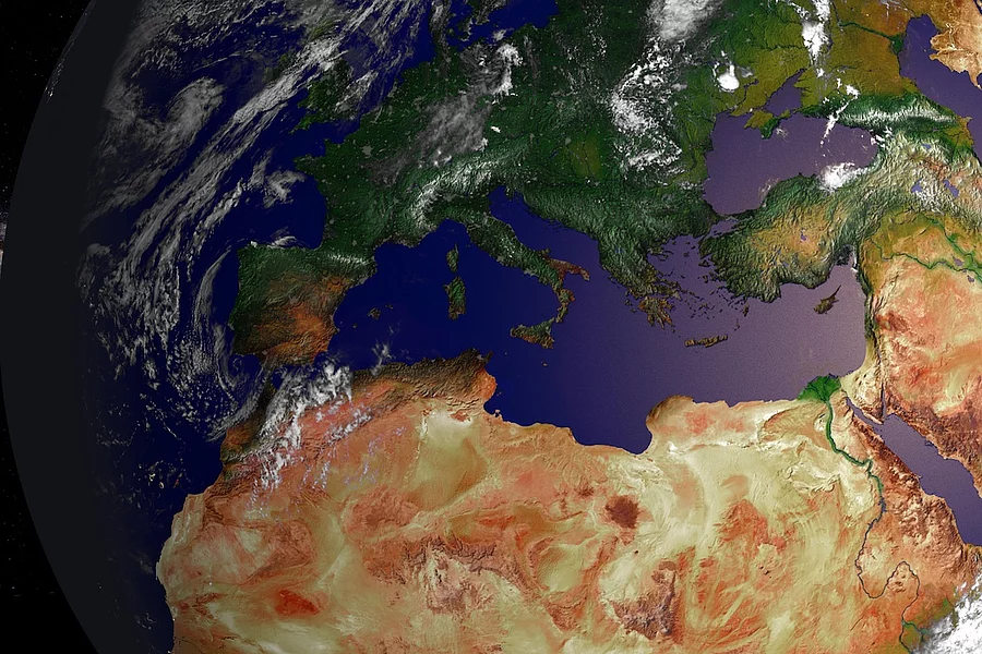 This image shows a detailed satellite view of the Mediterranean region, including Europe, North Africa, and Western Asia.