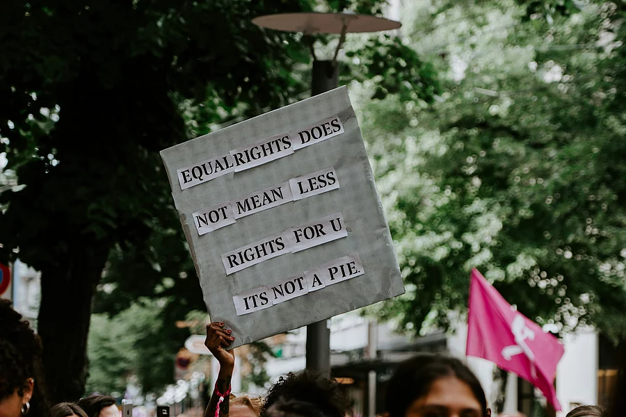 The picture shows a handmade protest sign bearing the slogan “EQUAL RIGHTS DOES NOT MEAN LESS RIGHTS FOR YOU – IT’S NOT A PIE”.